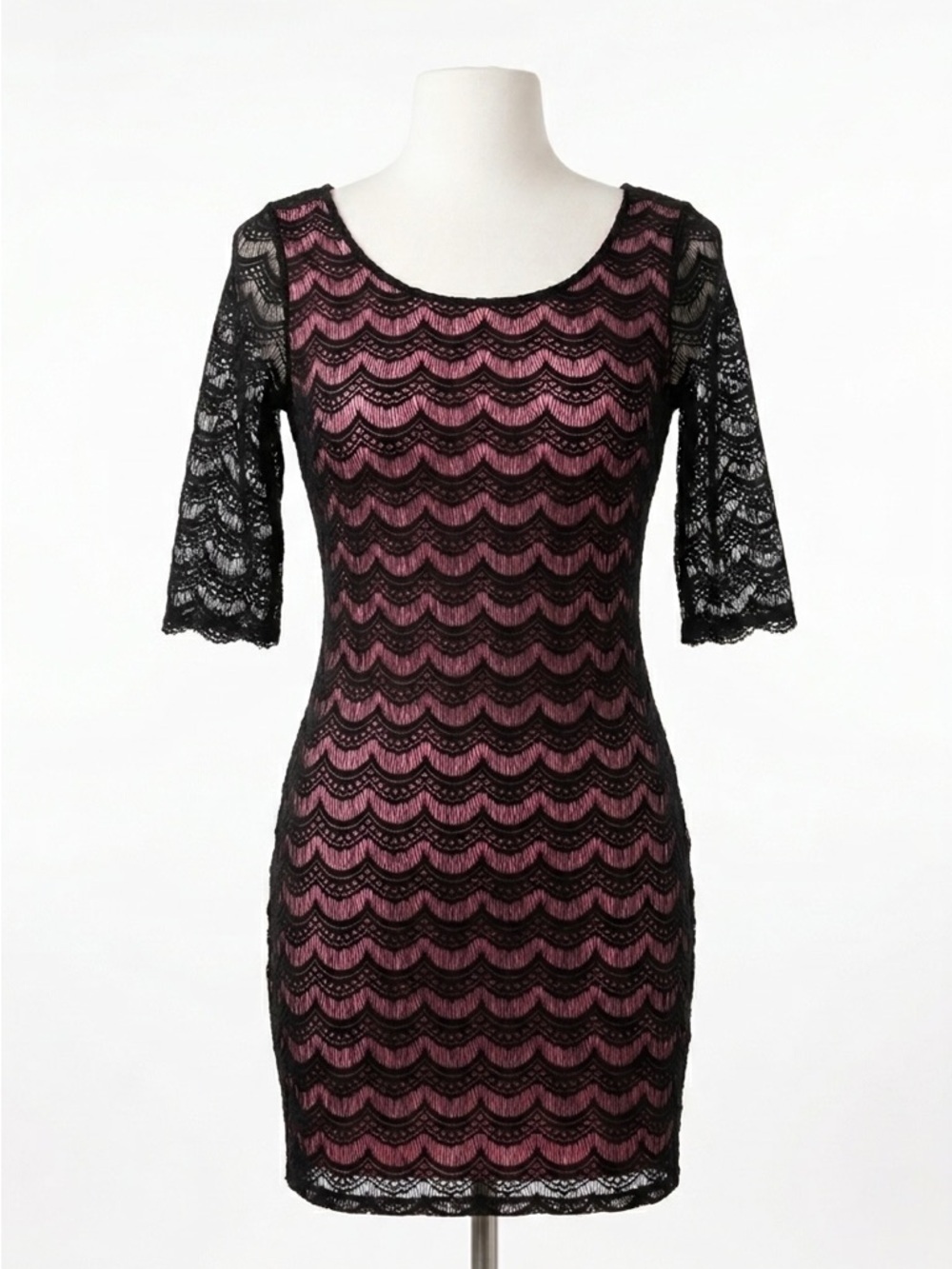 Candie's Black Pink Scalloped Lace Sheath Dress Open Back Cutout Y2K Size Large